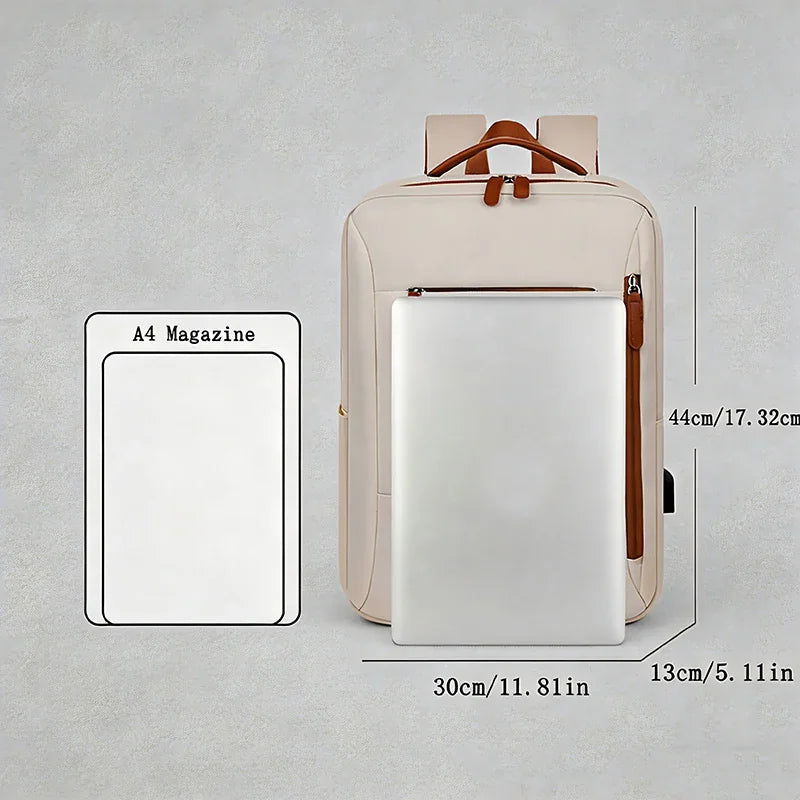 A beige laptop backpack showing dimensions and capacity for an A4 magazine and laptop.