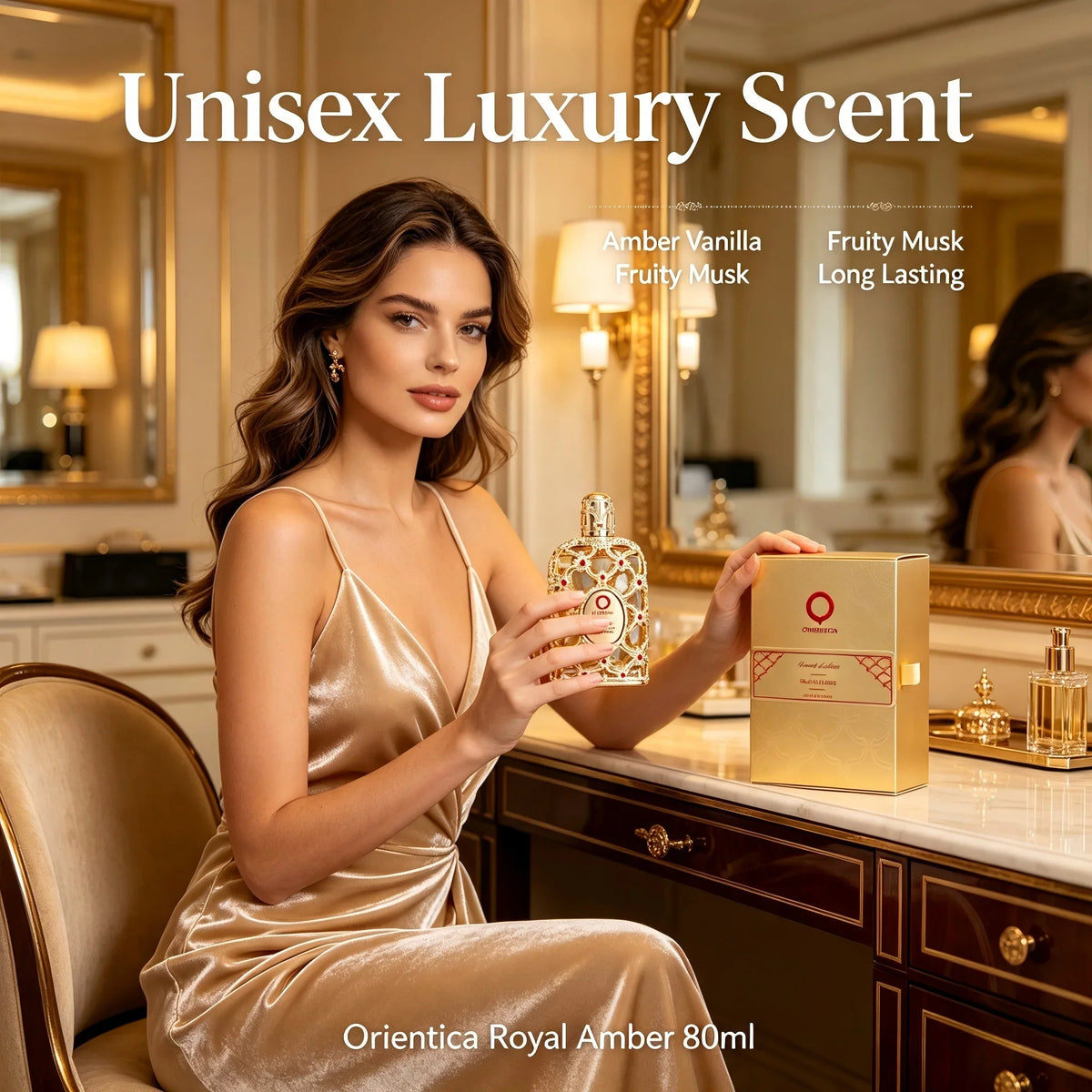 A woman in a gold satin dress sitting at a vanity table with a bottle of amber fragrance.