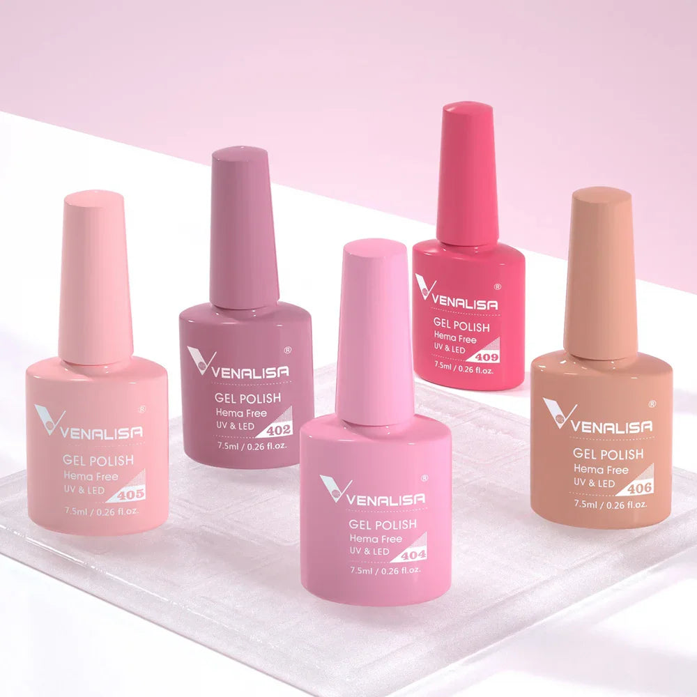 Several pastel-colored Hema-free gel nail polish bottles displayed on a white surface.