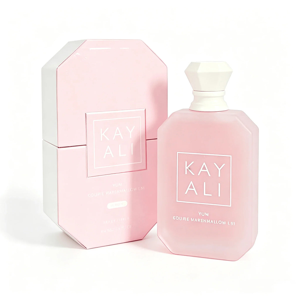 A pink perfume bottle next to its matching packaging box.