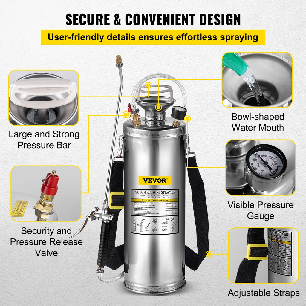 Stainless steel pressure sprayer features including gauge, pump handle, and straps
