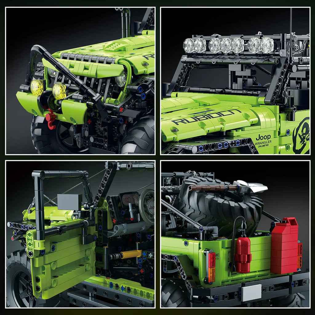 Four close-up views of a green building block off-road vehicle highlighting lights, hood, interior, and rear details.