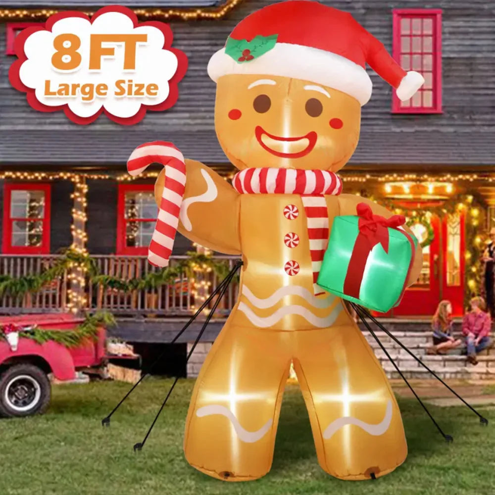 8 foot tall large Christmas inflatable gingerbread man with candy cane and gift box decoration for yard