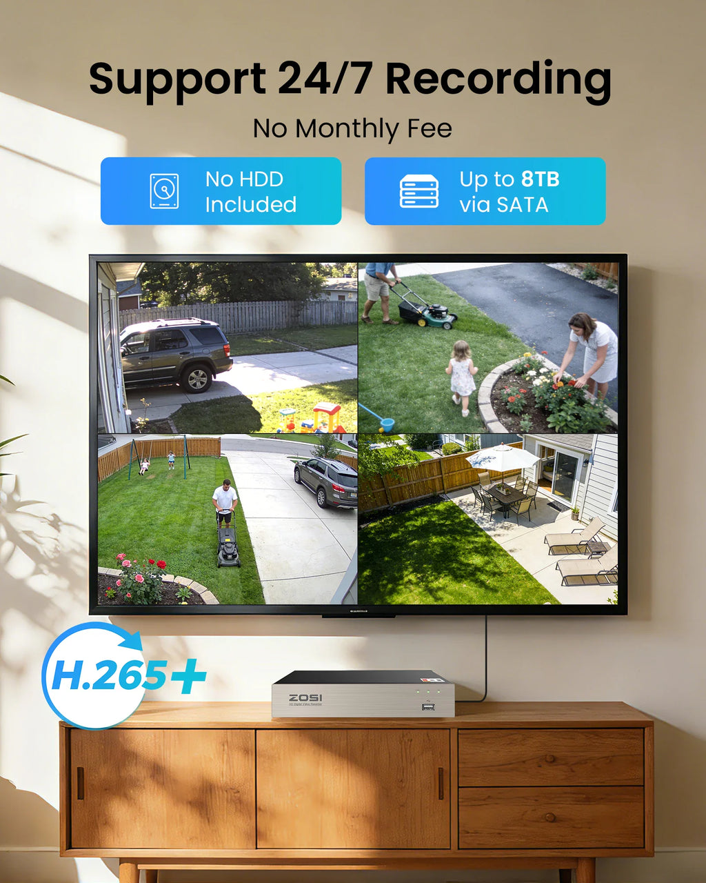 A television showing a four-split live camera view of a suburban home and yard, with a digital video recorder unit below.