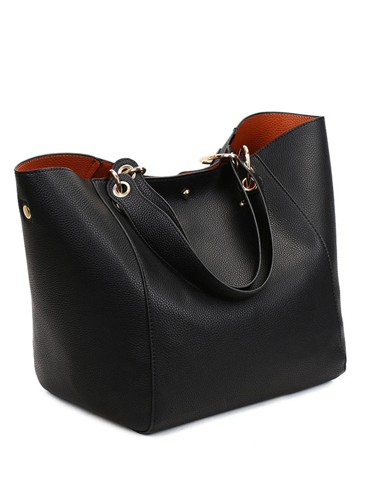 Black PU leather tote bag with tan lining and gold-tone hardware