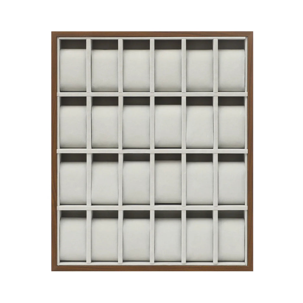 Wooden watch display tray with 24 empty slots and velvet pillows