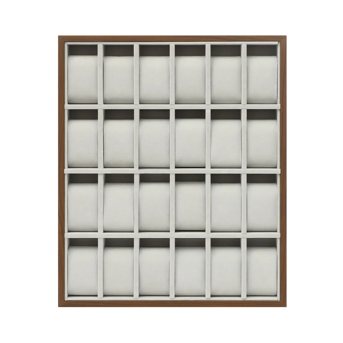 Wooden watch display tray with 24 empty slots and velvet pillows
