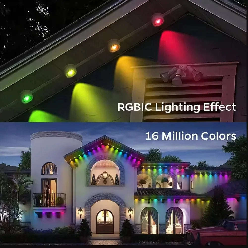 Smart outdoor RGBIC LED eaves lights with 16 million colors and customizable exterior home lighting effects