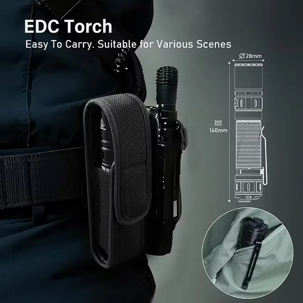 Tactical flashlight in a belt holster, shown with dimension diagrams and in a pocket