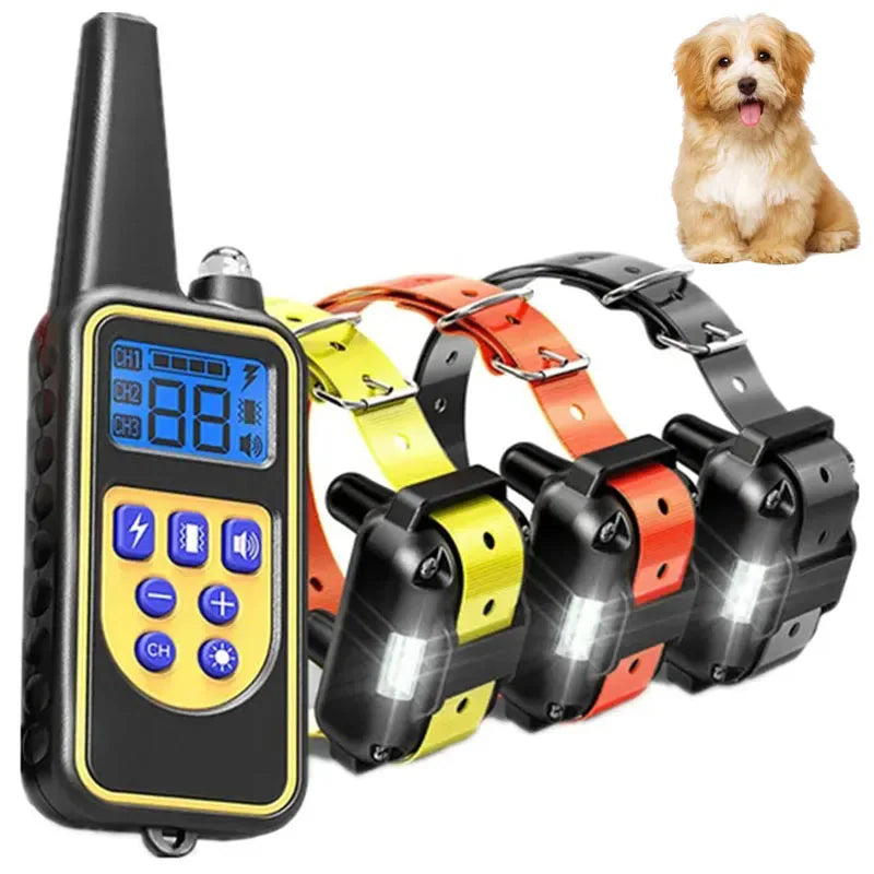 Electric dog training collar and remote control unit with plastic components and adjustable collar strap.