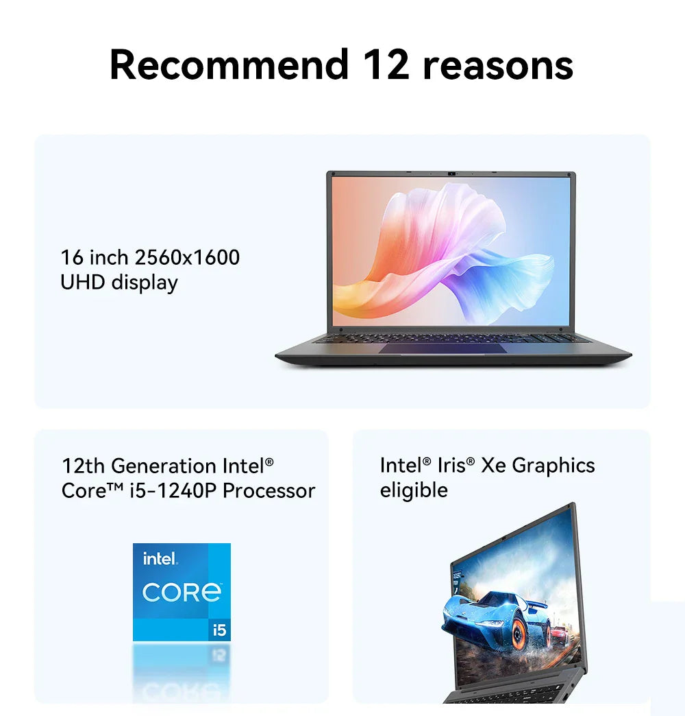 A laptop screen showing technical specs, an Intel Core i5 processor badge, and a racing game on a secondary laptop screen.