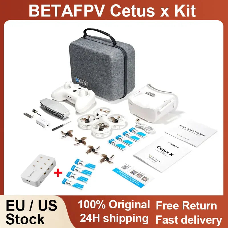 FPV racing drone kit with drone, controller, goggles, batteries, charging hub, case, and manuals