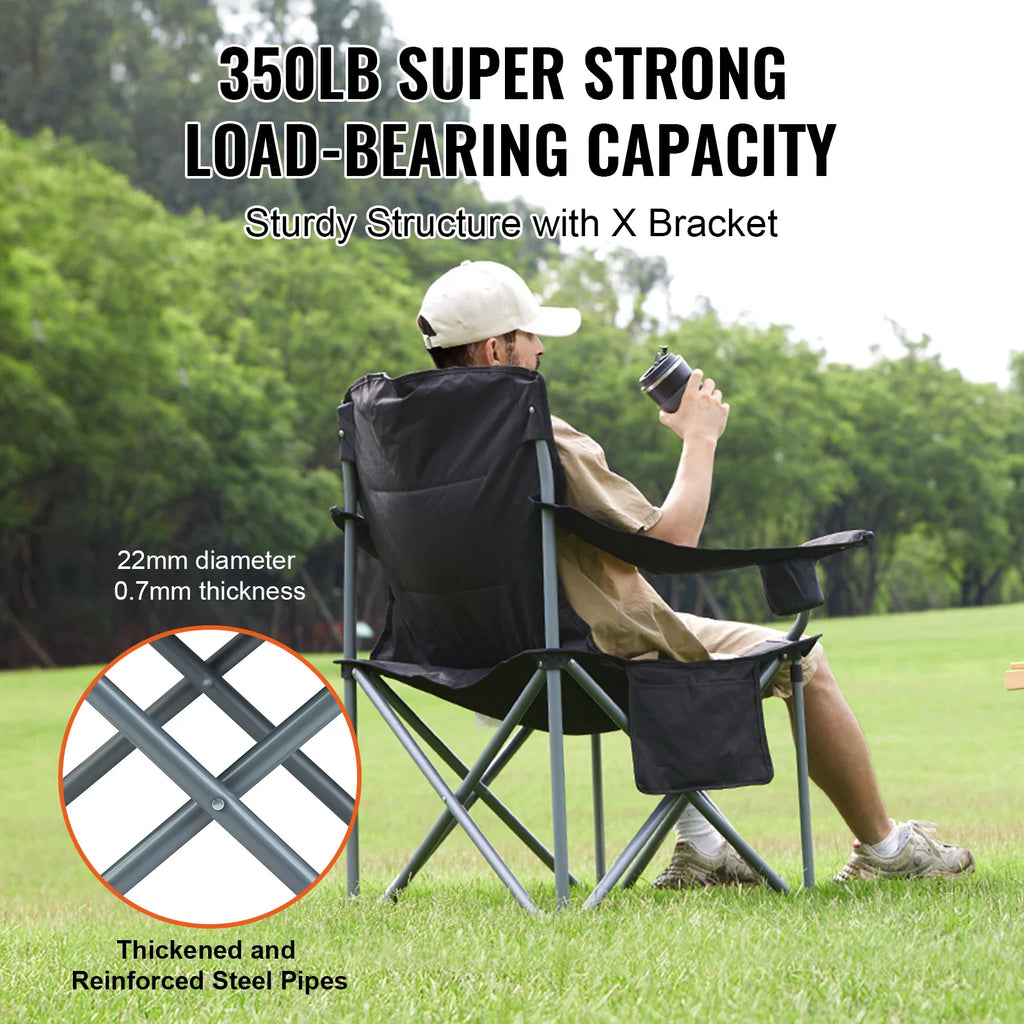 Folding camping chair with a man sitting on it, highlighting sturdy frame construction