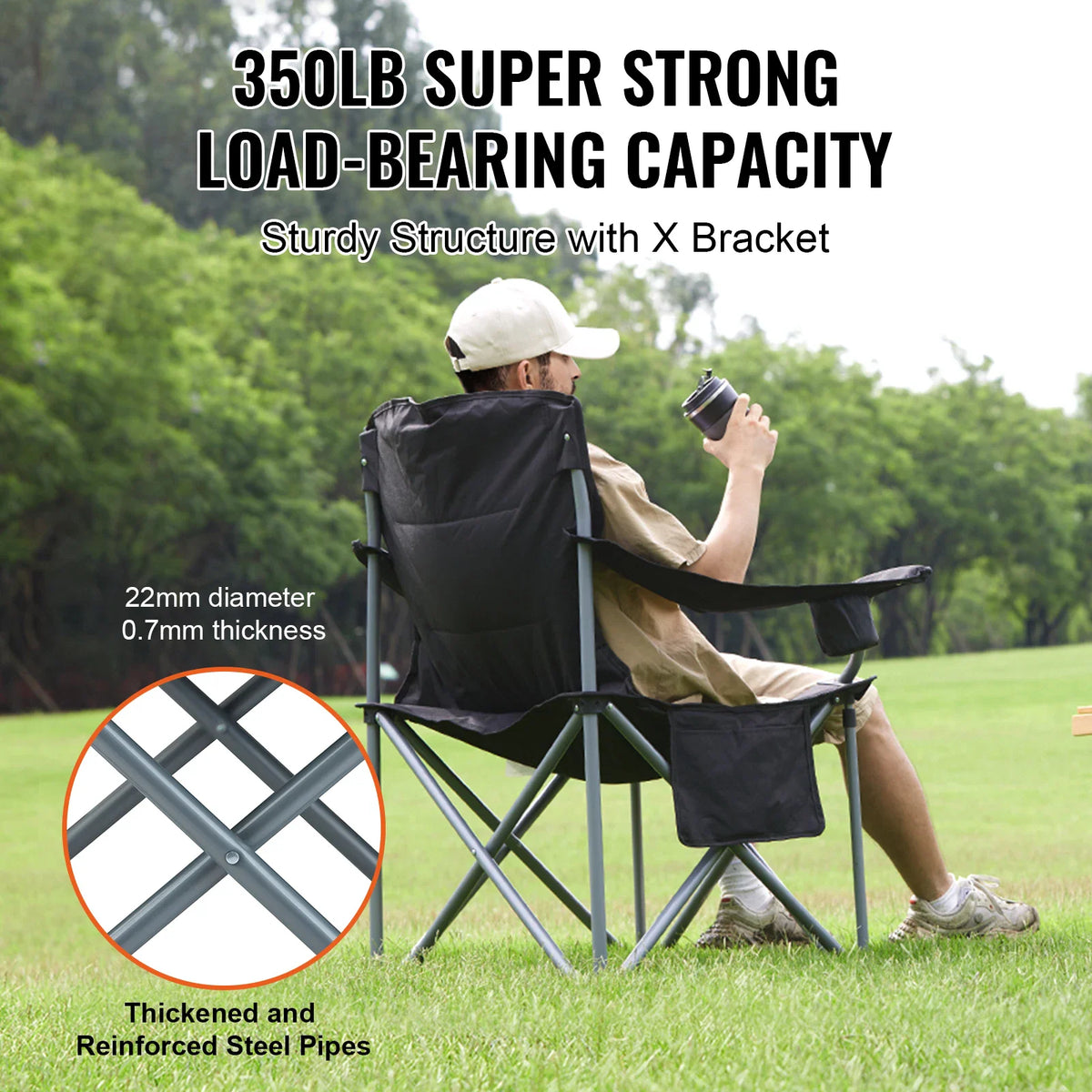 Folding camping chair with a man sitting on it, highlighting sturdy frame construction
