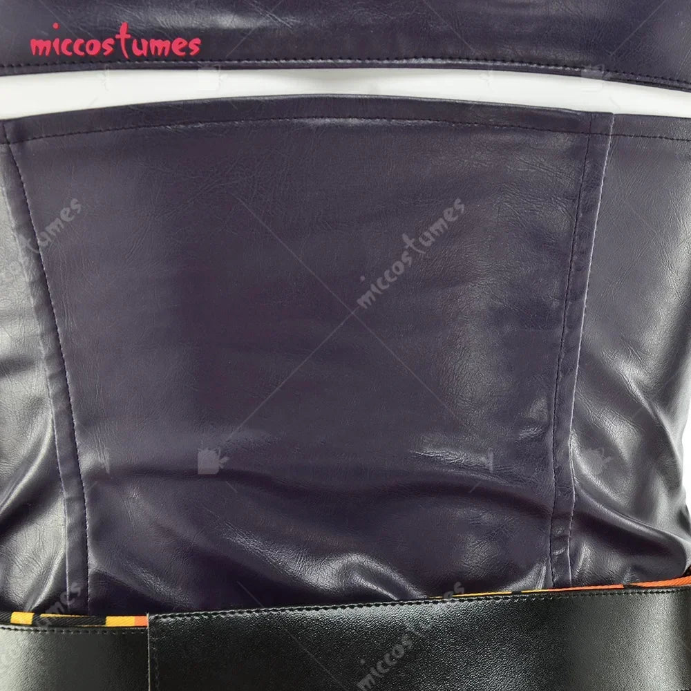 Detailed view of the purple faux leather fabric on the back of a cosplay top