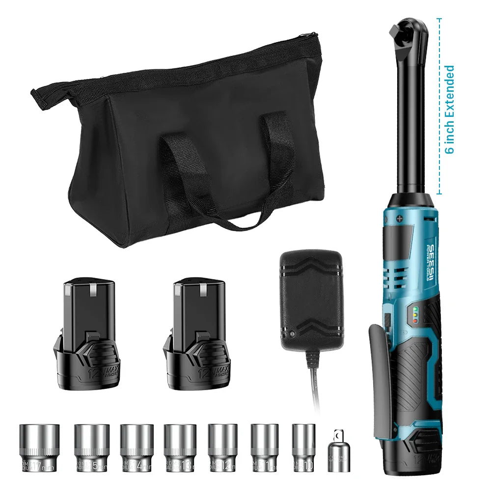 Cordless electric ratchet wrench kit with two batteries, charger, carrying bag, and multiple socket attachments.