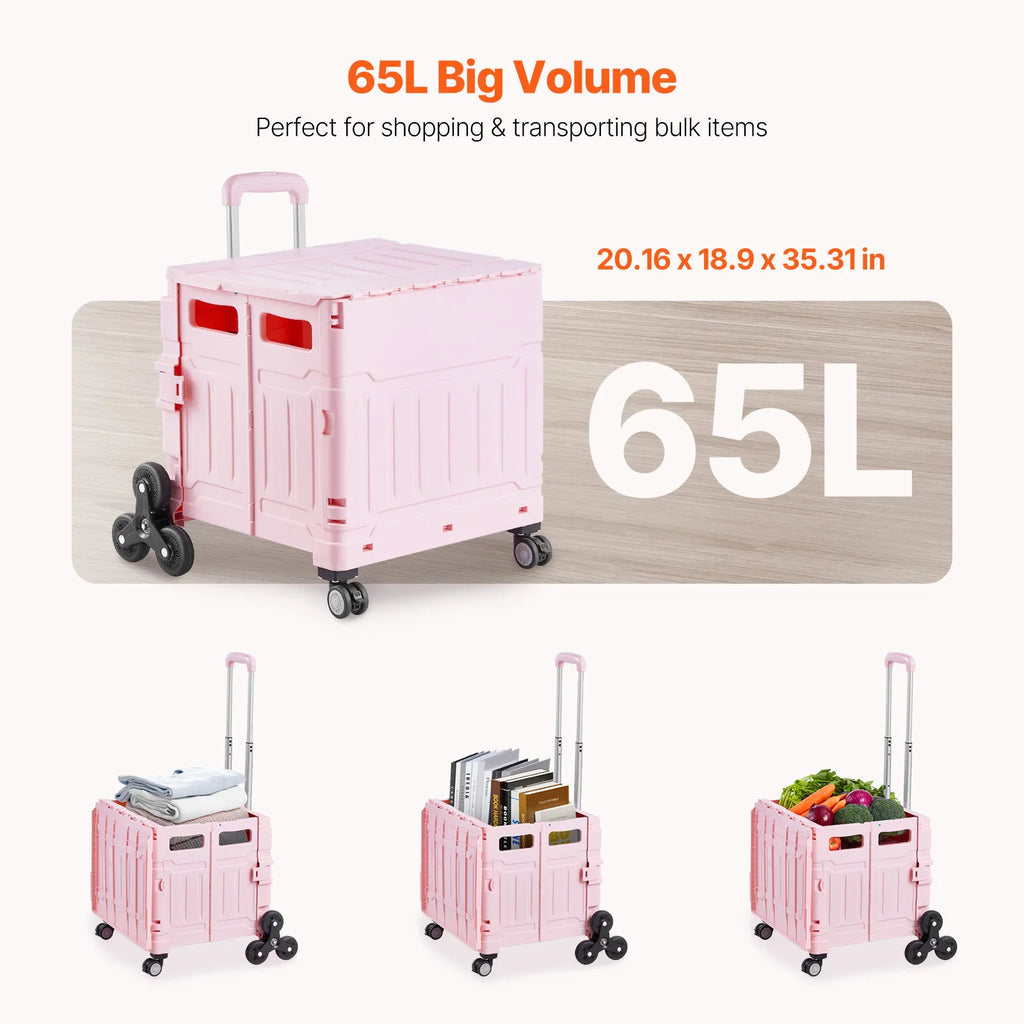 Pink folding utility cart showing 65L capacity with groceries and books