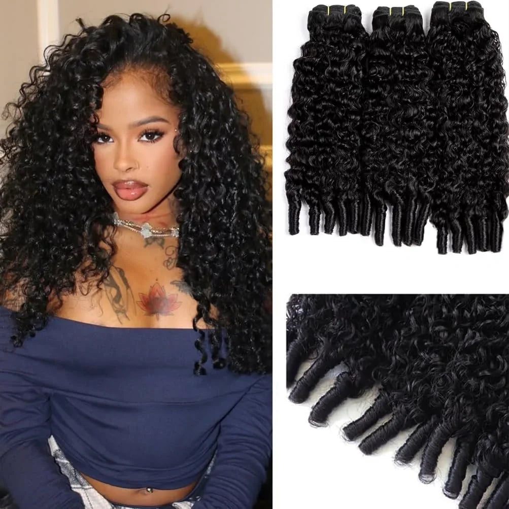 A young woman with curly black hair beside a bundle of curly hair extensions