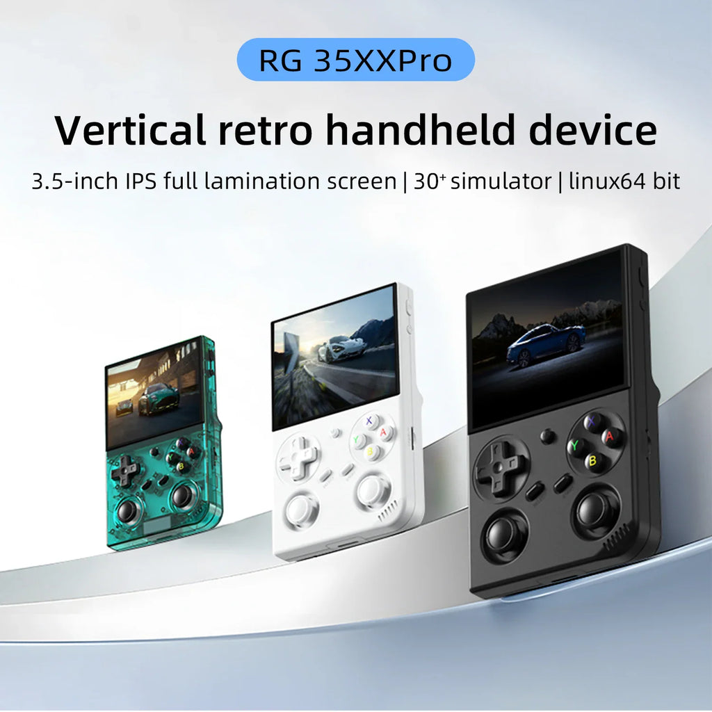 Three retro handheld game consoles in transparent green, white, and black with display screens