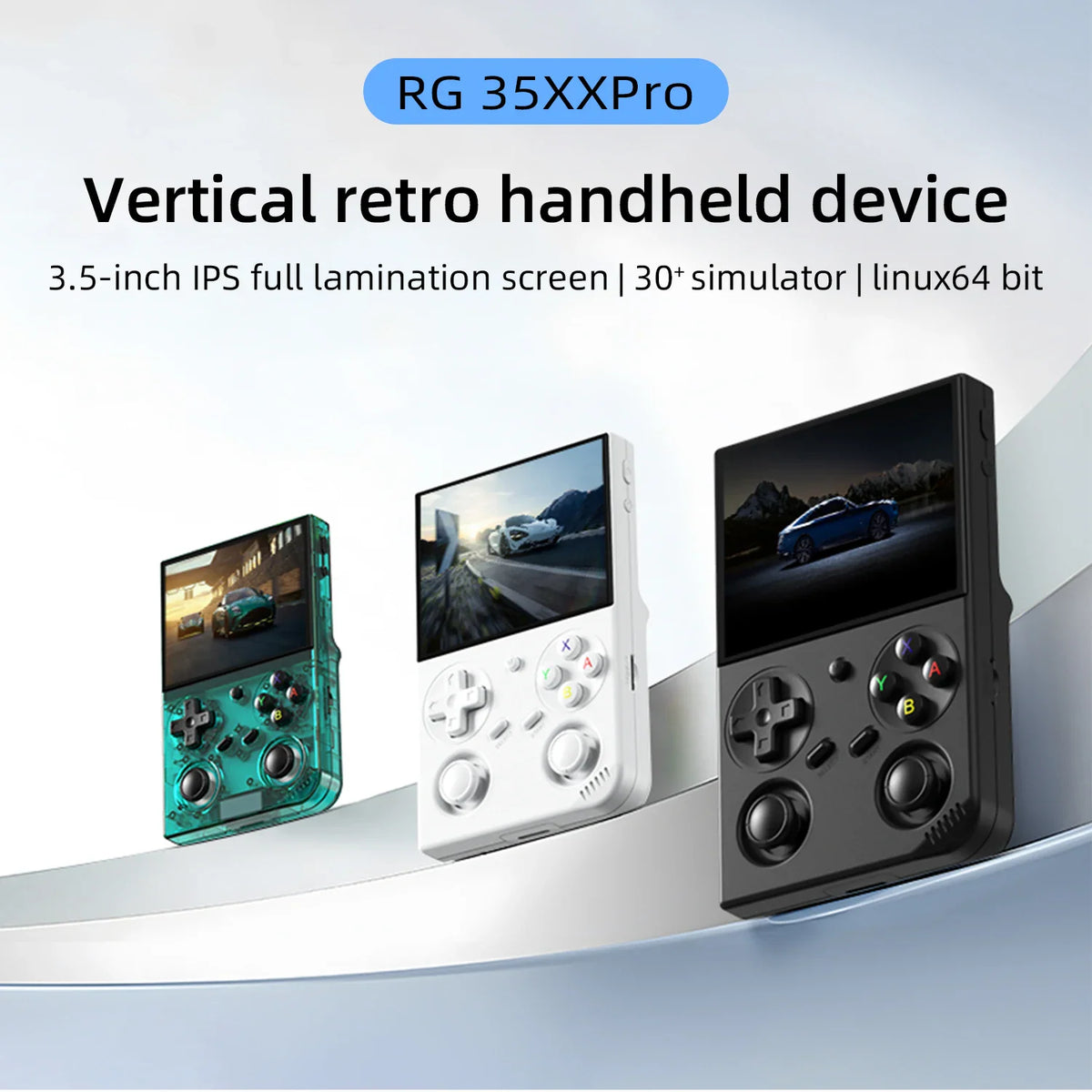 Three retro handheld game consoles in transparent green, white, and black with display screens