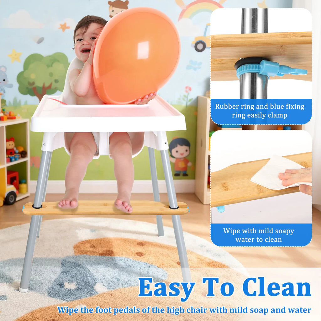 Baby playing in highchair with bamboo footrest showing cleaning process and hardware
