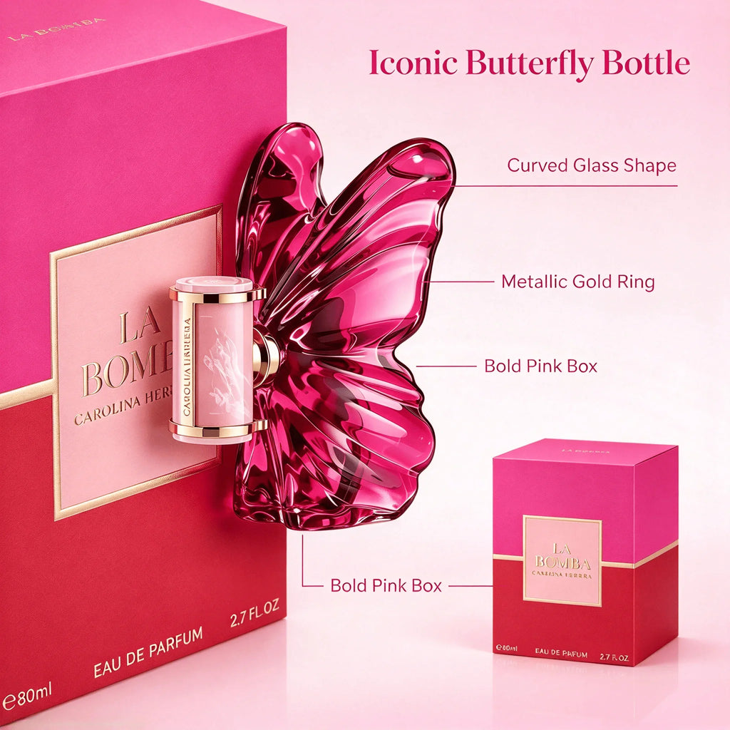 Perfume bottle and box with labels highlighting key design features like the metallic gold ring and curved glass.