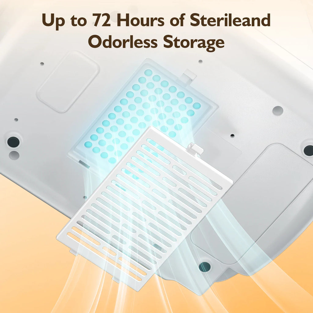 Internal filter of a baby bottle washer and sterilizer with glowing airflow illustration