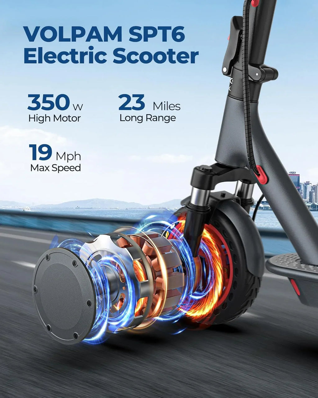 A black electric scooter with a highlighted motor section showing an x-ray view of the inner components.