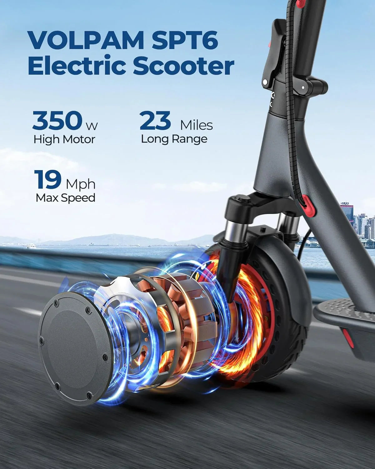 A black electric scooter with a highlighted motor section showing an x-ray view of the inner components.