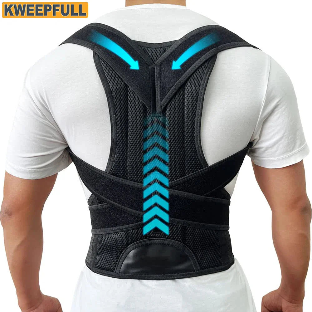 Black back brace posture corrector worn on man, back view with blue arrows