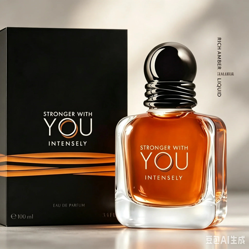 Men's amber perfume bottle with black box packaging, 100ml size, highlighting rich amber liquid