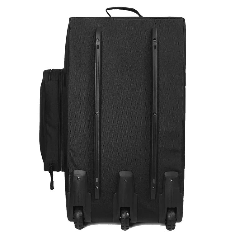 Bottom view of a black rolling tactical duffel bag showing rails and wheels