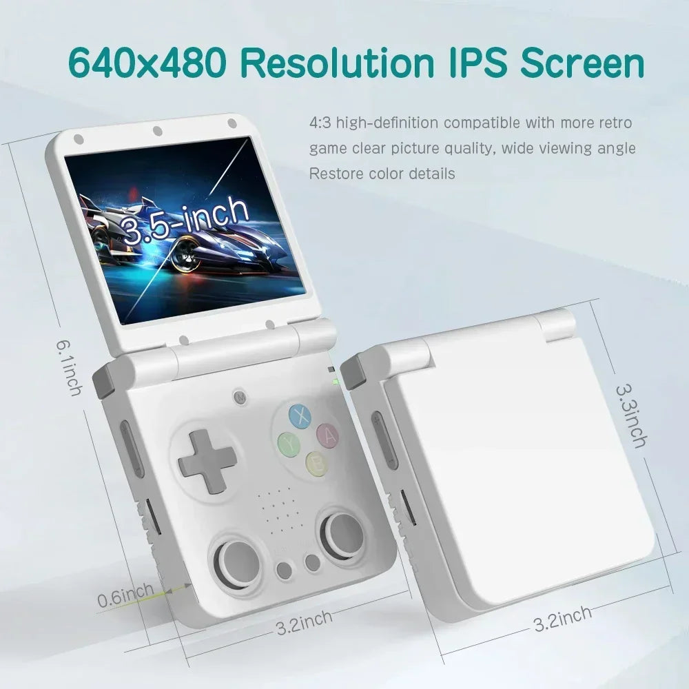 White clamshell handheld game console shown open and closed with screen resolution and dimensions labeled