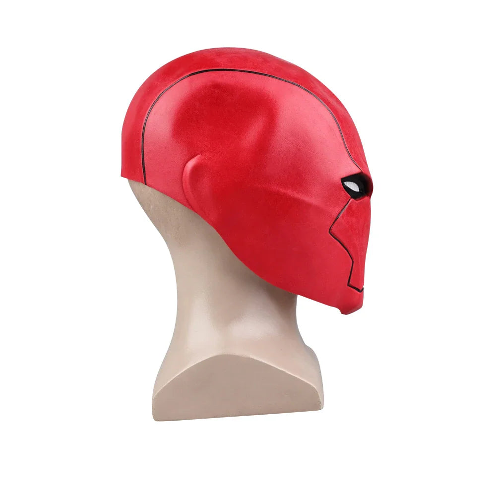 Side view of a red cosplay helmet mask on a mannequin head