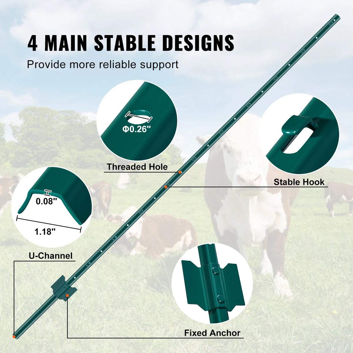 Green fence post features with inset details showing hooks, U-channel design and anchor