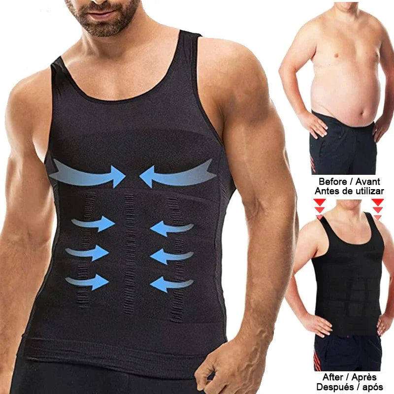 Black compression tank top vest with before and after belly shaping illustration