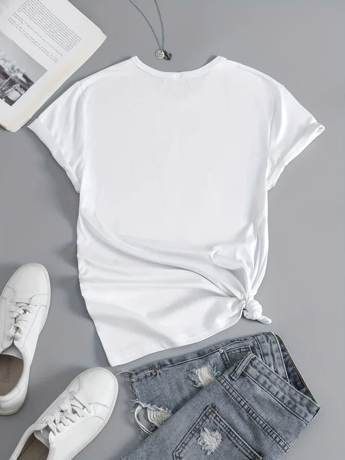 White women's round neck t-shirt with Limited Edition text and heart graphic, back view