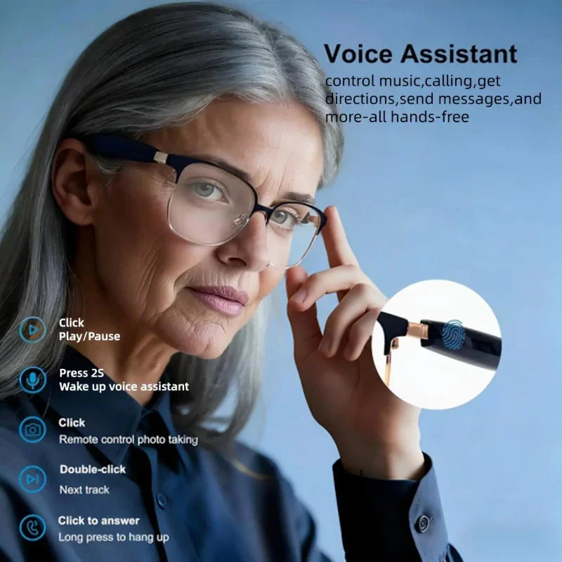 Woman demonstrating touch controls on smart audio reading glasses