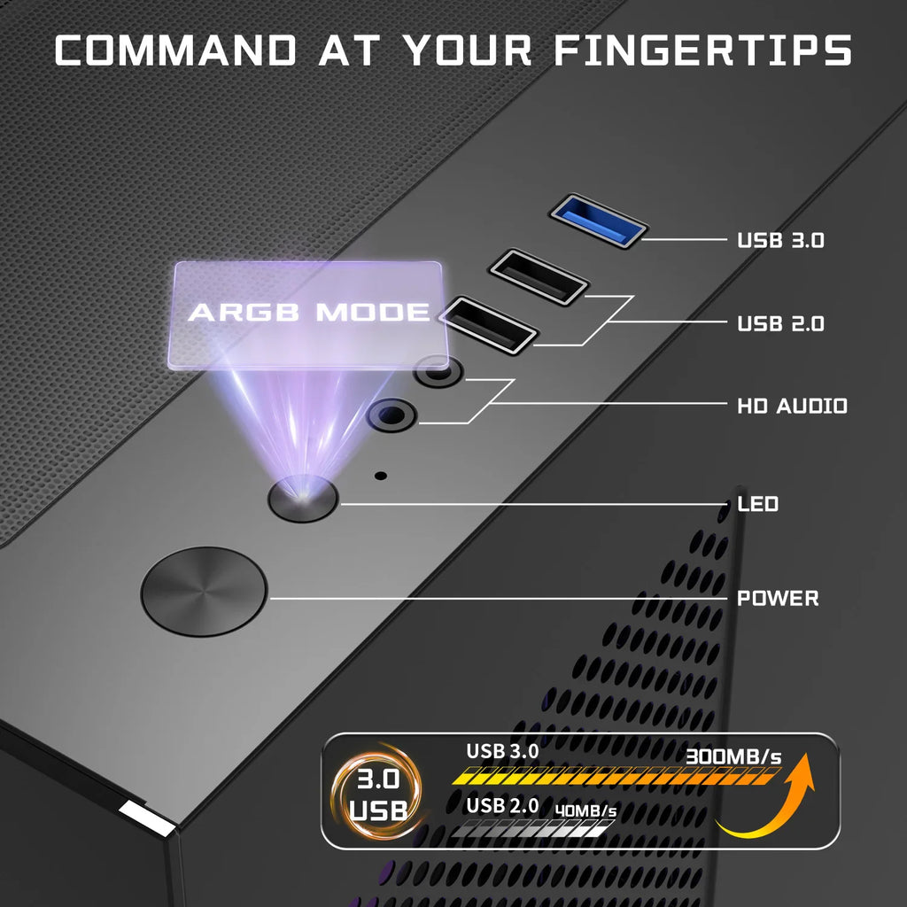 Close-up view of PC case top I/O panel with USB ports and ARGB light control button
