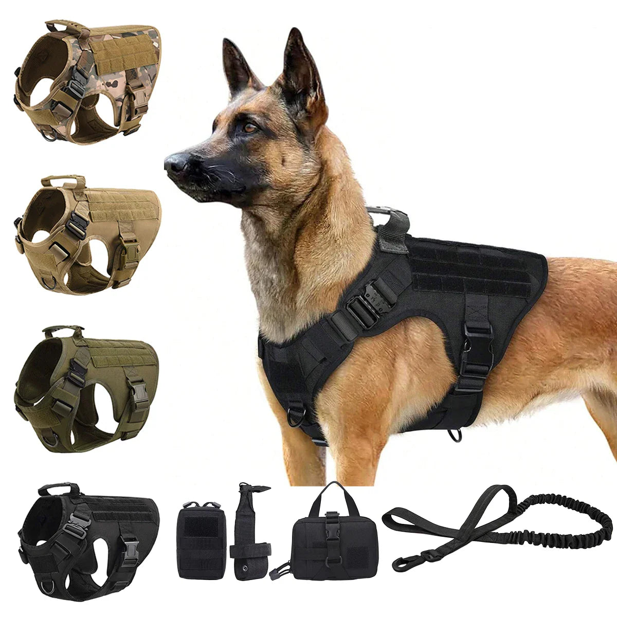 Set of tactical dog harnesses in various colors with matching leashes and molle pouches