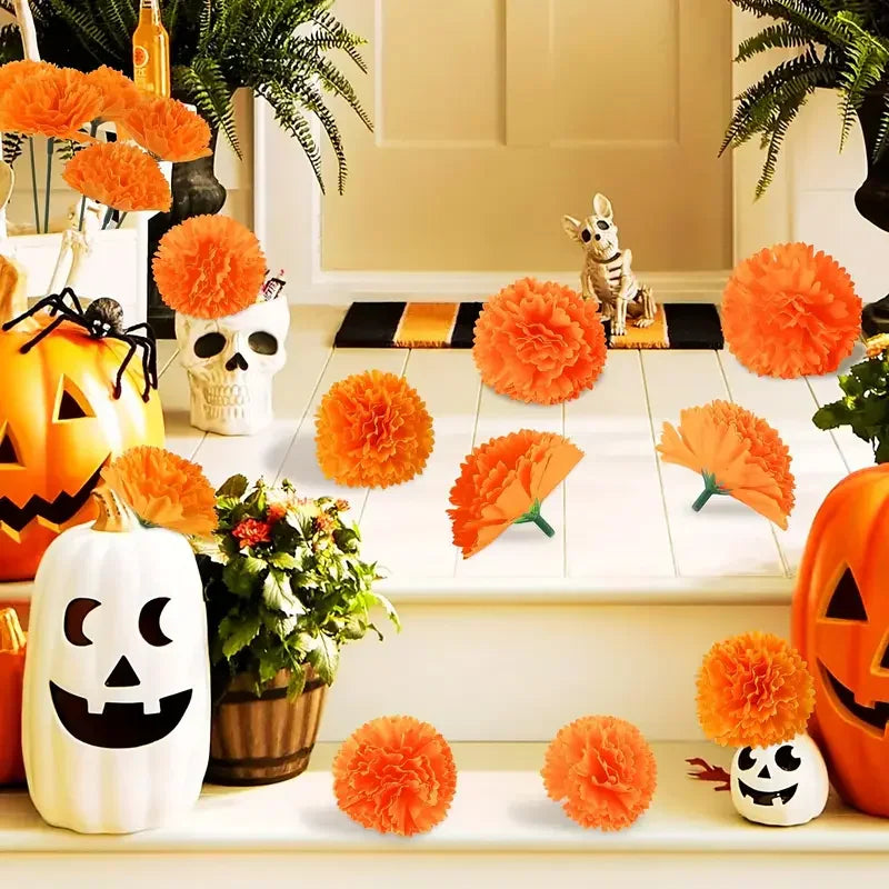 Halloween porch decorations with pumpkins and scattered orange marigold flowers