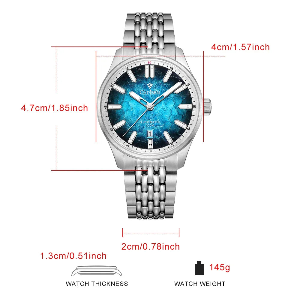Product dimensions chart for a silver automatic men's wristwatch.