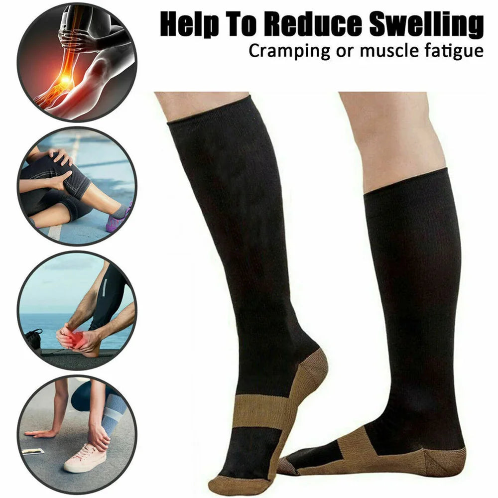 Compression socks on a person with diagrammed circular insets showing usage