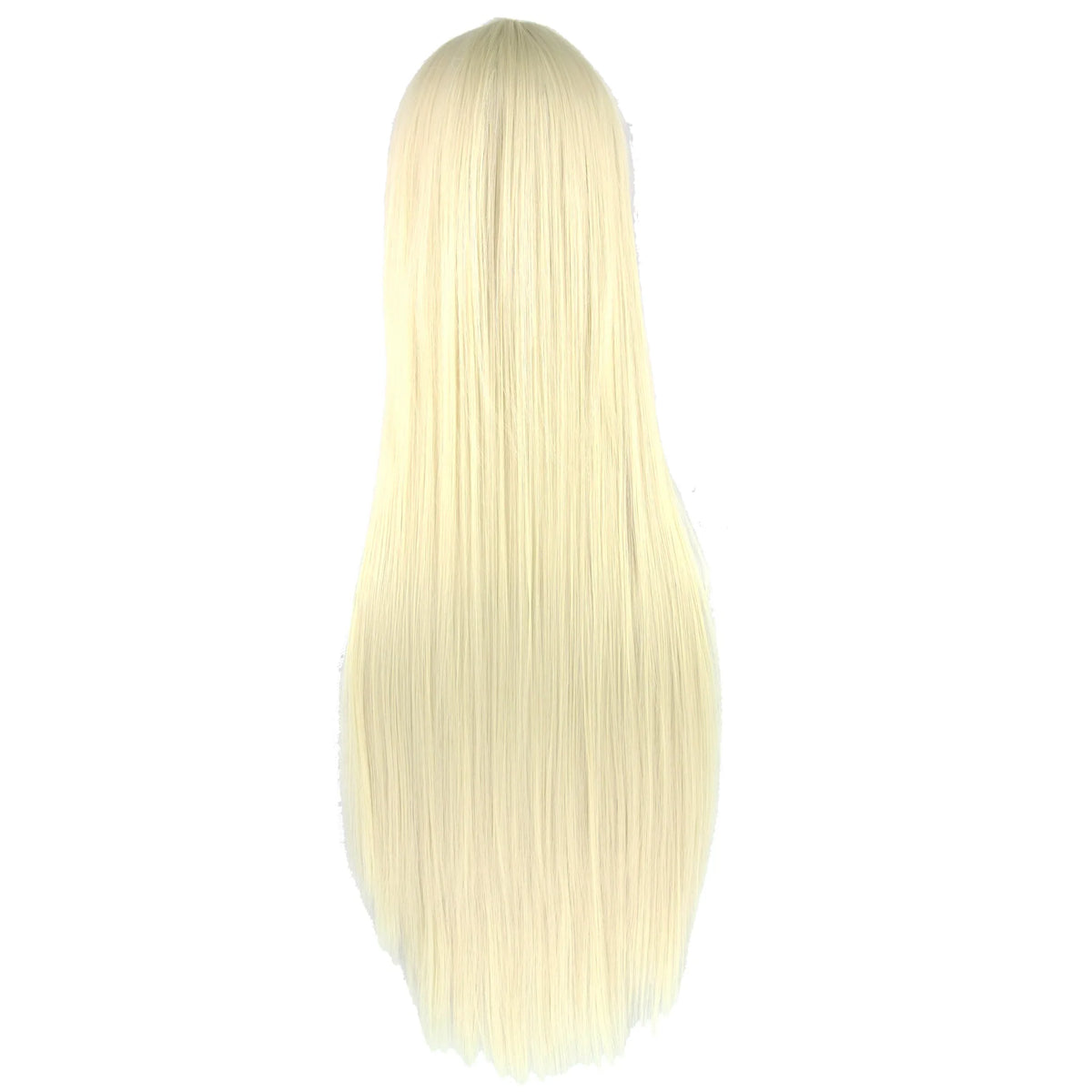 Long straight blonde cosplay wig on a mannequin head, back view