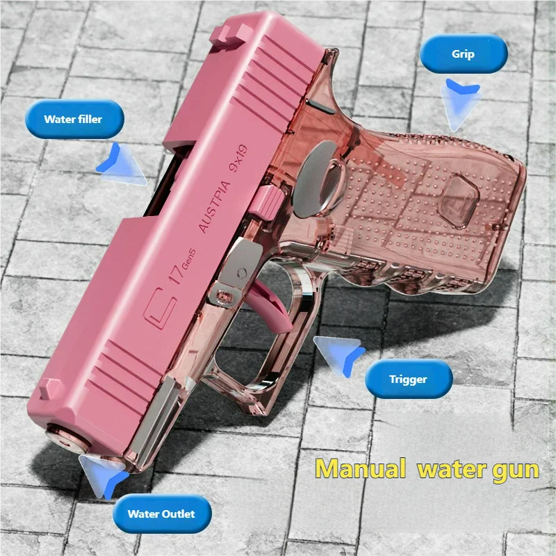Pink transparent water pistol toy with feature callouts
