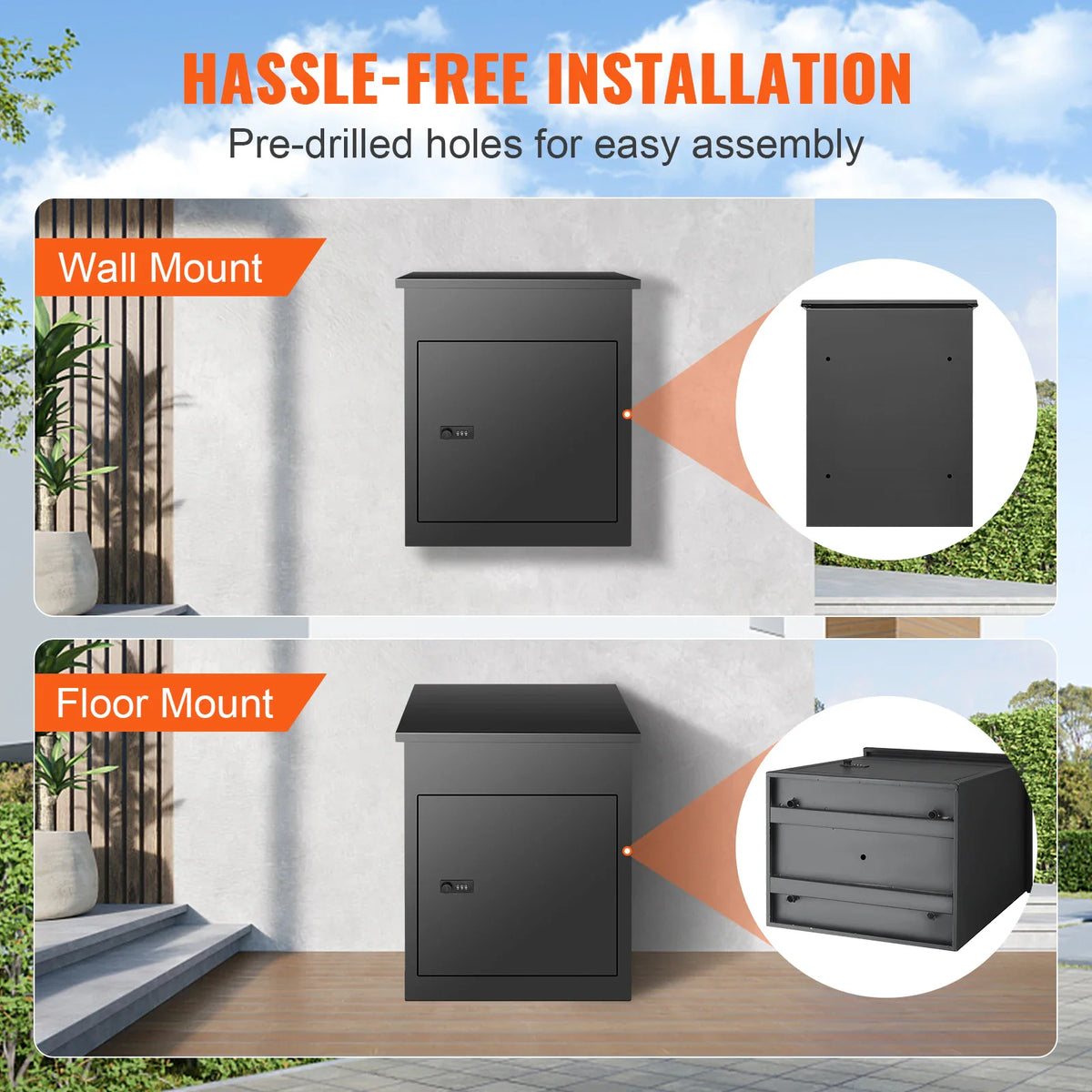 Diagram showing wall and floor mounting installation instructions for a secure black metal mailbox.