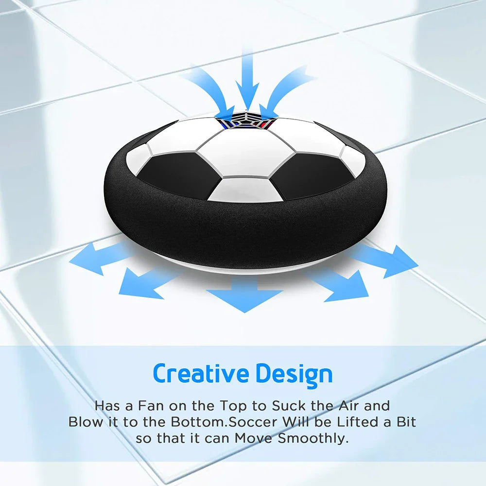 Hover soccer ball with airflow diagram and text explaining the internal fan mechanism
