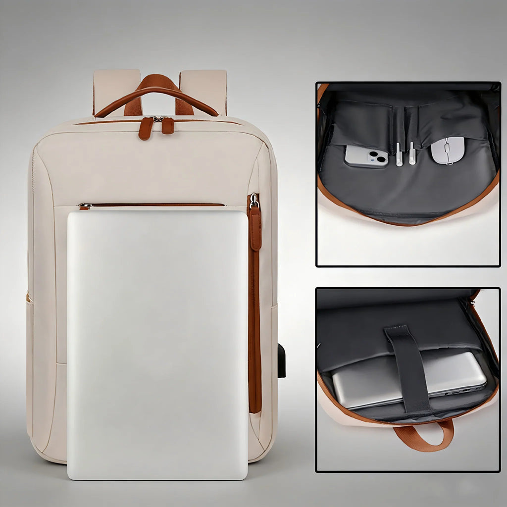 A collage showing the exterior and interior features, including laptop sleeve and small item organization pockets.