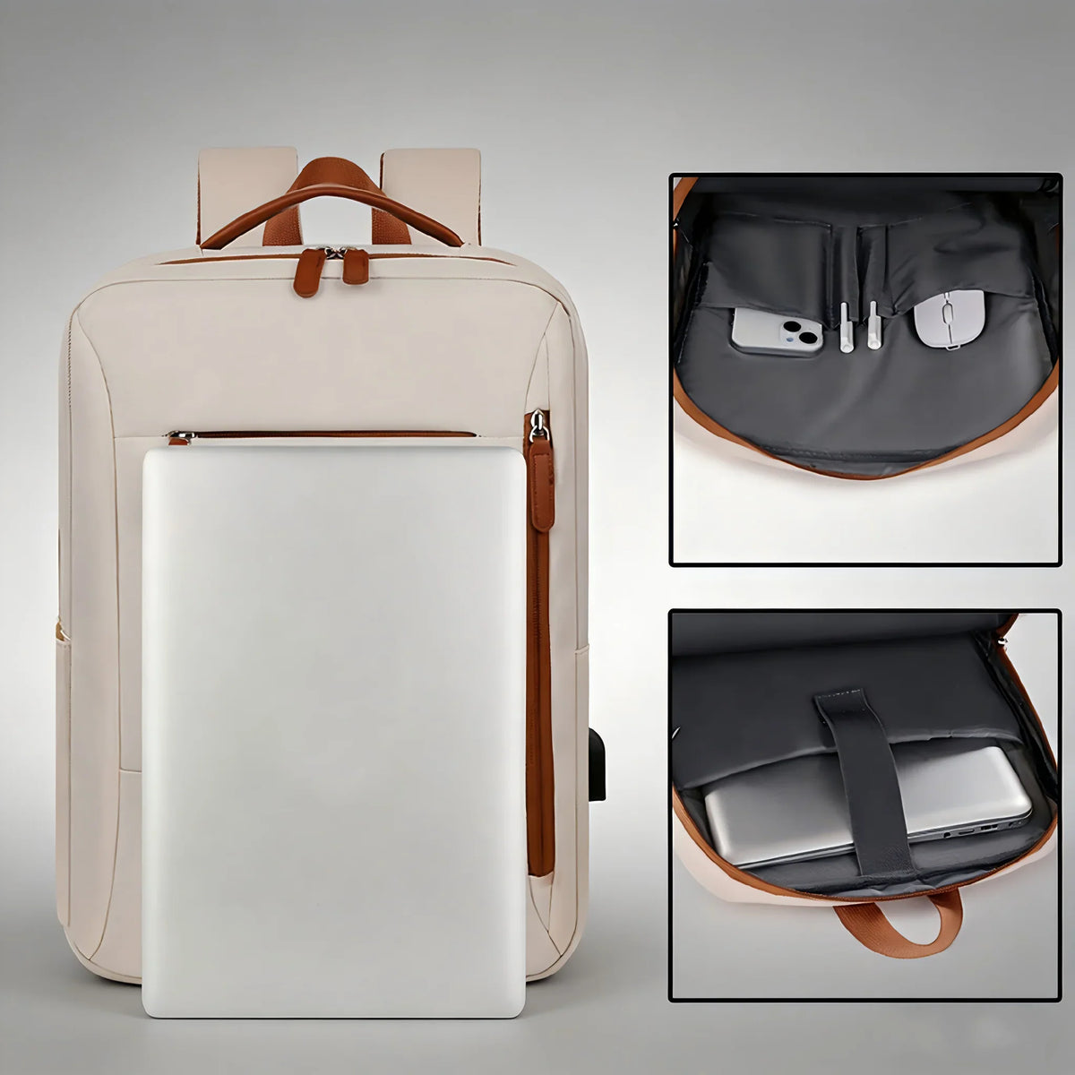 A collage showing the exterior and interior features, including laptop sleeve and small item organization pockets.