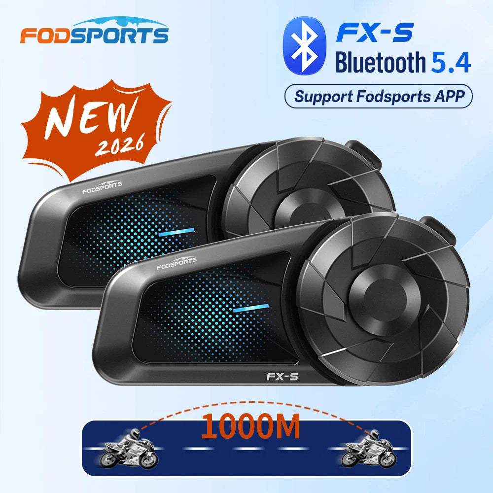 A pair of motorcycle helmet bluetooth intercom units with range and connectivity information